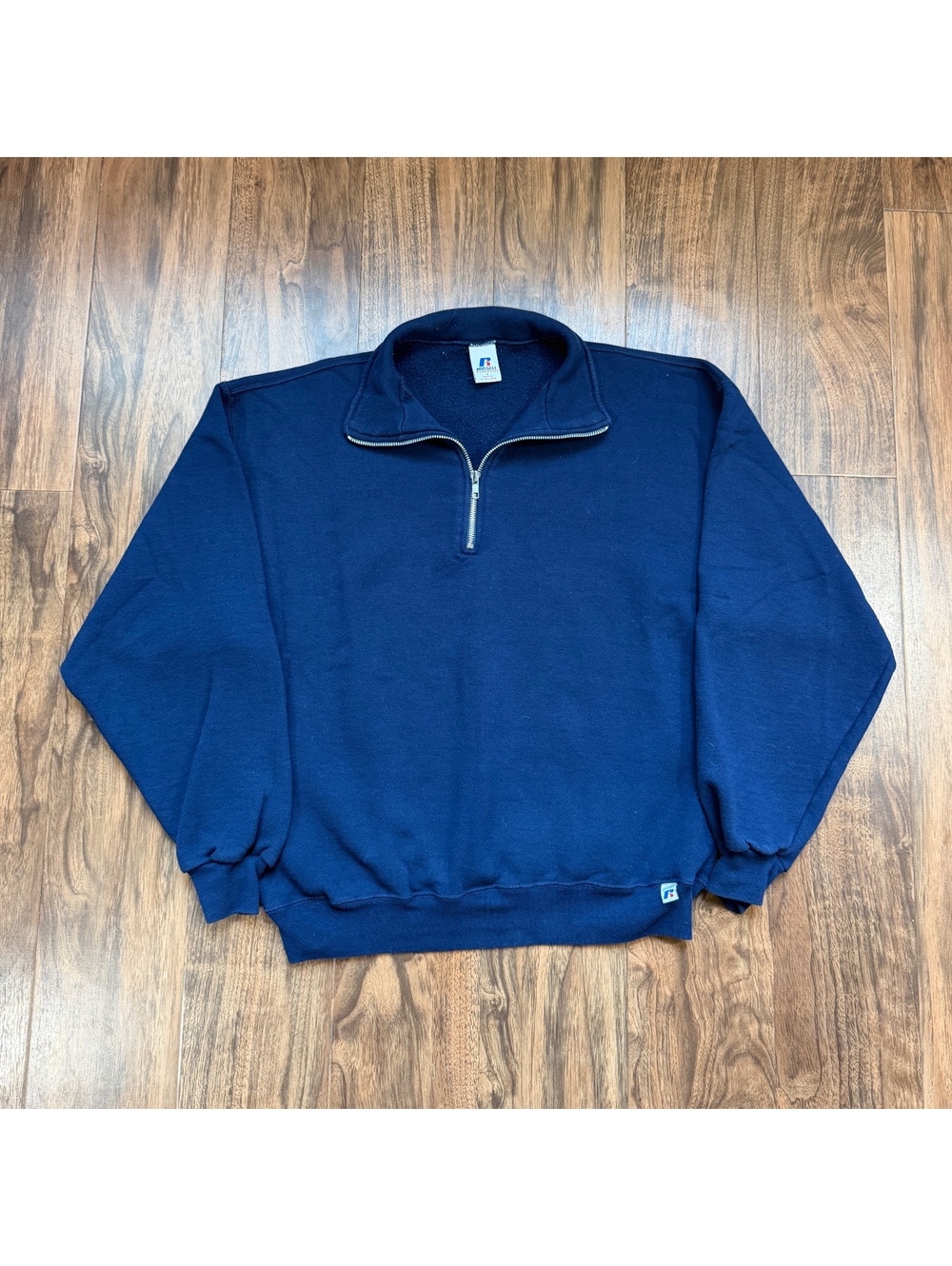 Vintage Russell Athletic Quarter Zip Sweatshirt Navy Blue Large Y2K Plain Blank